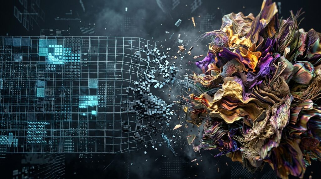 Experimental AI art illustration showing expressive forms breaking away from repetitive digital patterns