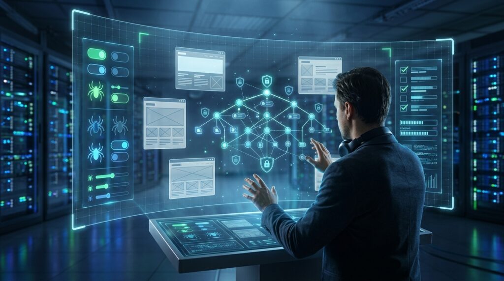 Conceptual 3D illustration of website security controls and automated crawler permissions