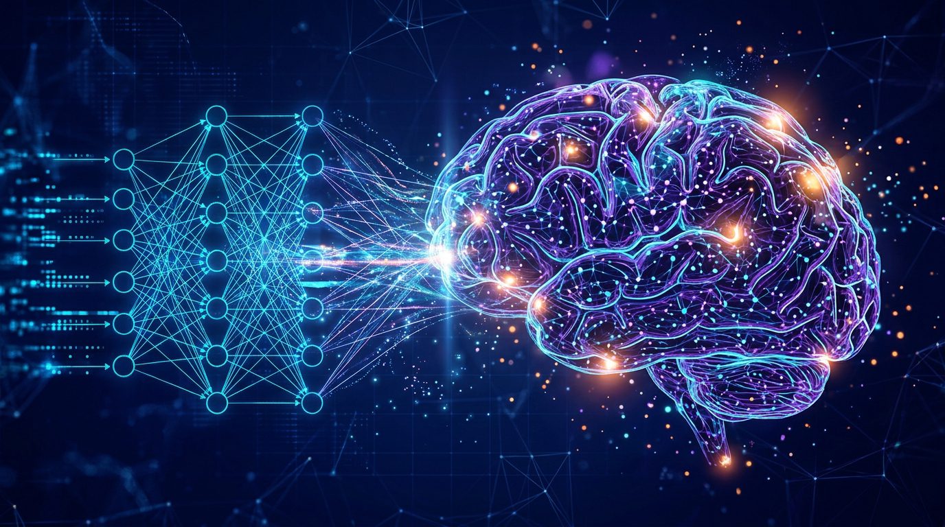 Illustrative neural network representing AI and the human mind, creativity and unpredictable thinking