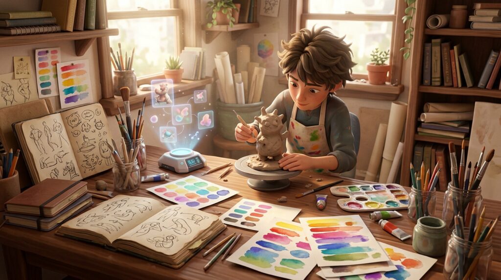 AI creates art in seconds while traditional artistic development involves practice and experimentation