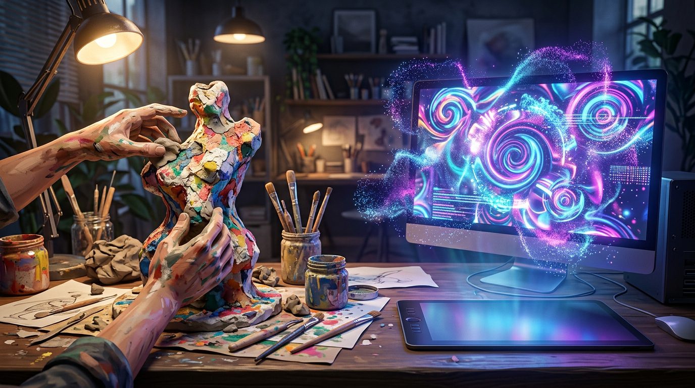 AI creates art in seconds while an artist develops creativity through hands-on work