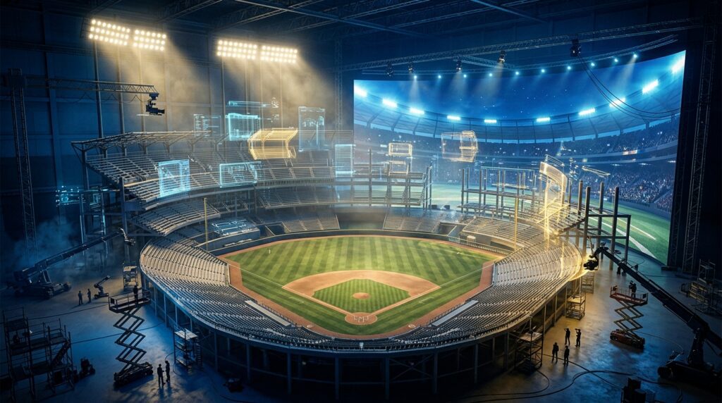 3D conceptual illustration of a virtual baseball stadium on a futuristic film set