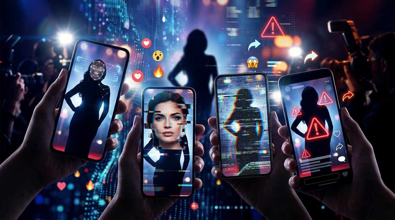 Smartphone screens illustrating the spread of celebrity AI deepfakes across social media.