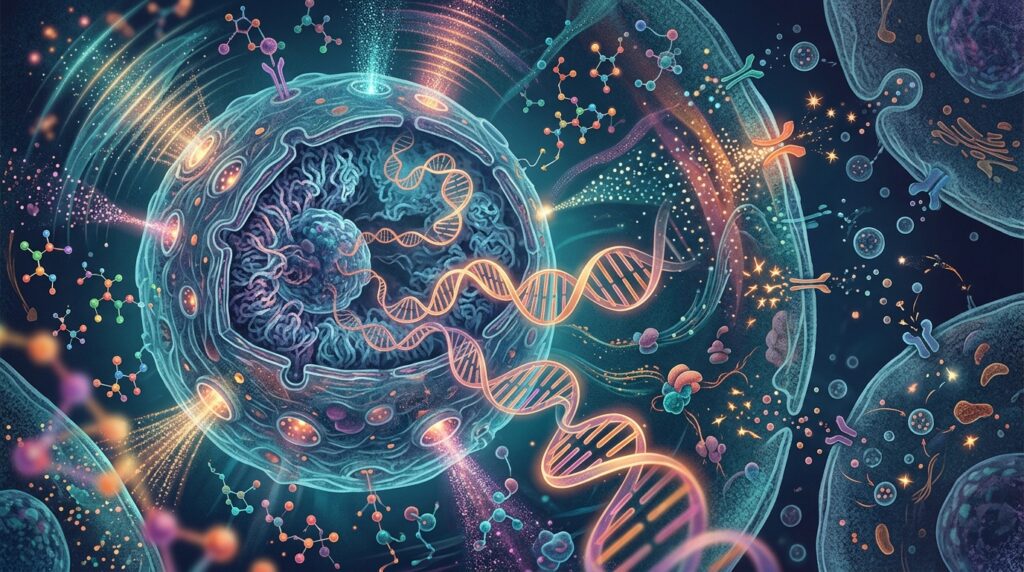 DNA inside a cell surrounded by environmental and molecular signals