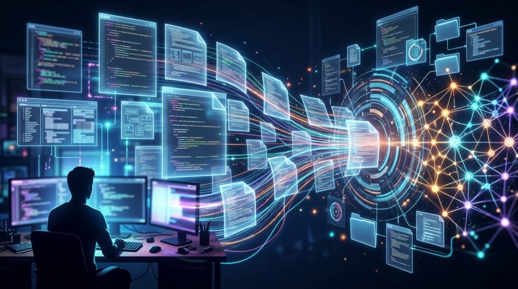 Long streams of code and documents entering an AI model