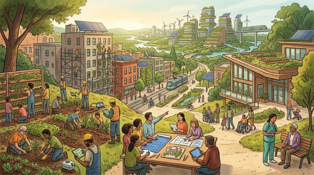 Illustration of a community looking toward a technology-enabled future