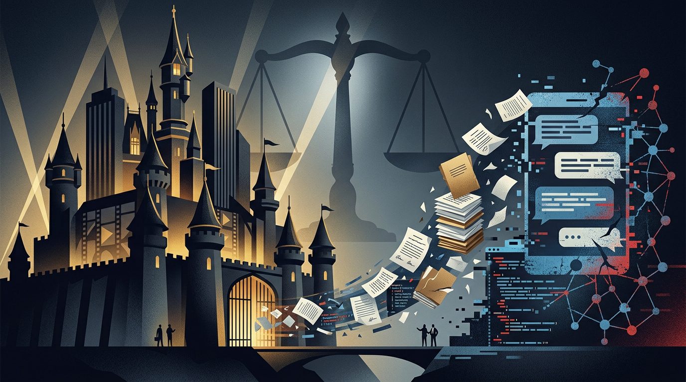 Illustration of Disney’s proposed Character.AI bankruptcy deal and the legal questions surrounding AI chatbot technology