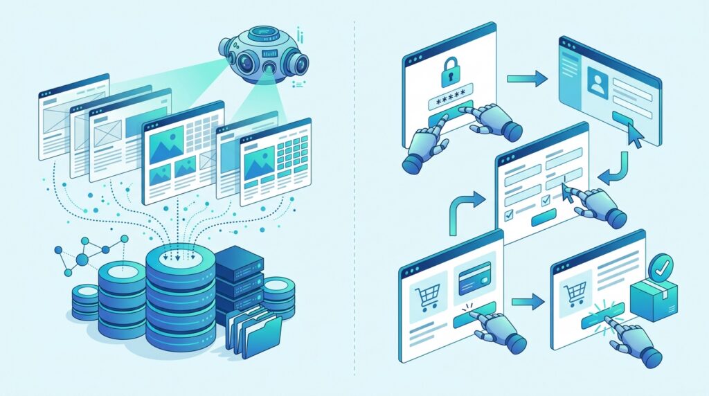 Illustration comparing an AI crawler reading public webpages with an AI agent interacting with forms and shopping tools