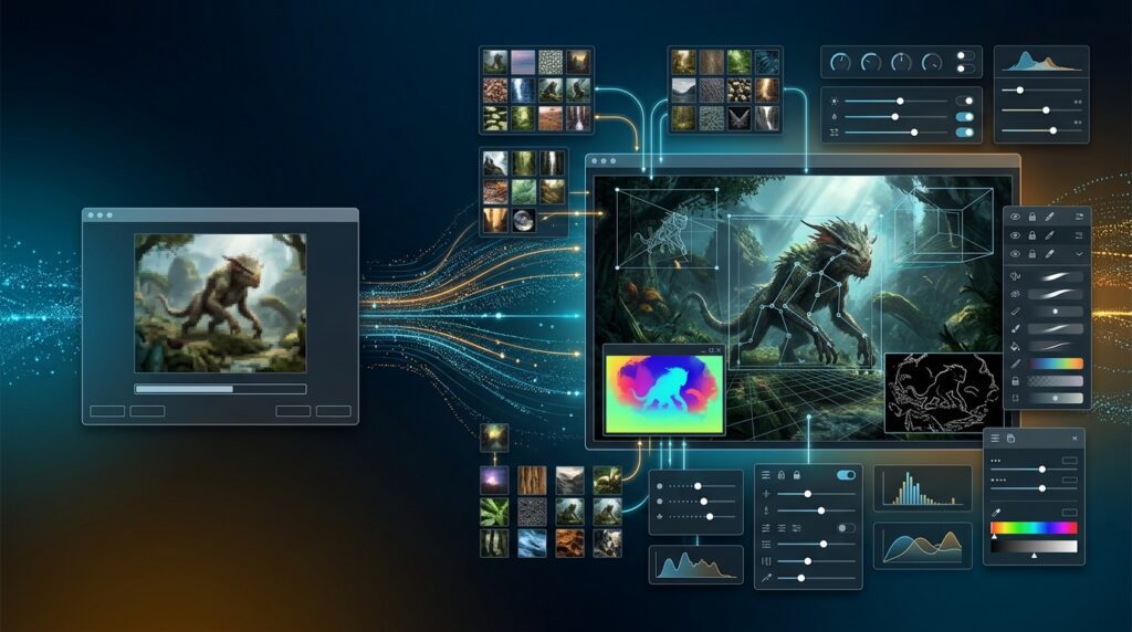 Visual comparison between an earlier AI image-generation workflow and a more advanced system with reference and layout controls.