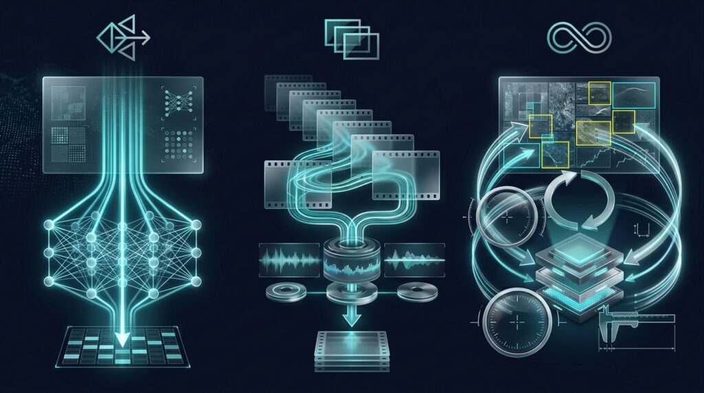 Three visual AI workflows showing single-pass analysis, video processing, and iterative image inspection