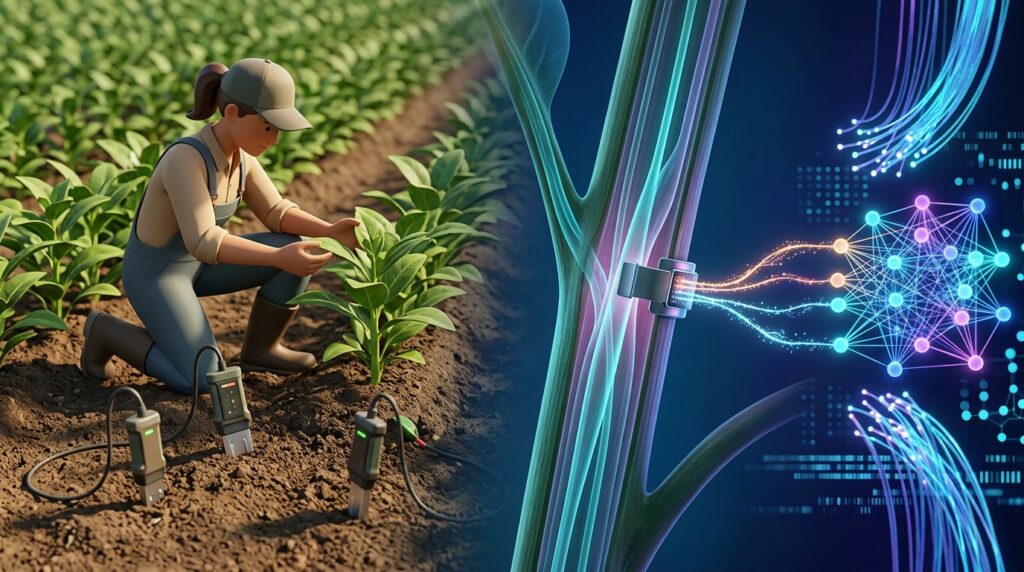 AI model interpreting plant electrical signals alongside traditional agricultural monitoring tools