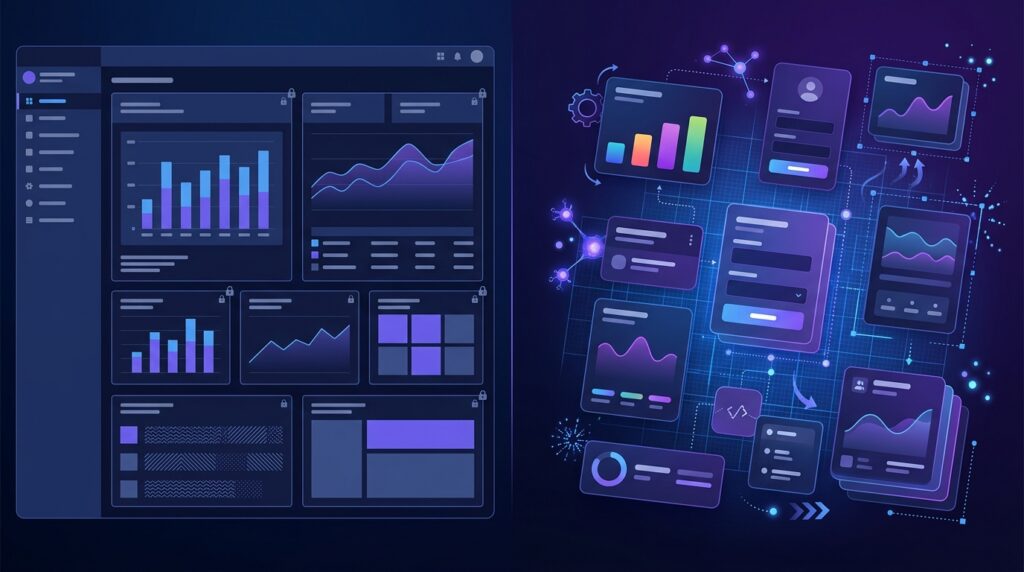 Comparison between a fixed software dashboard and a dynamically composed AI interface.