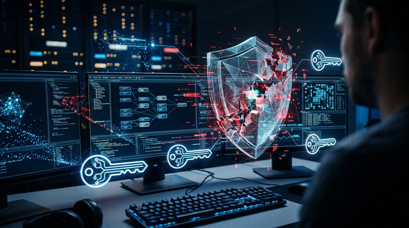 Cybersecurity illustration representing the OpenCode distillation attack and API key exposure