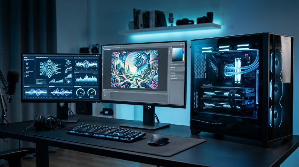 AI image-generation workstation running a high-resolution image model on a graphics card.