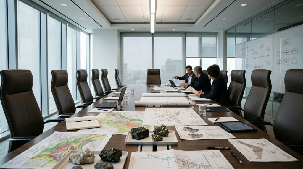 Alt Text: Advisory-board meeting room with geological maps and mineral samples