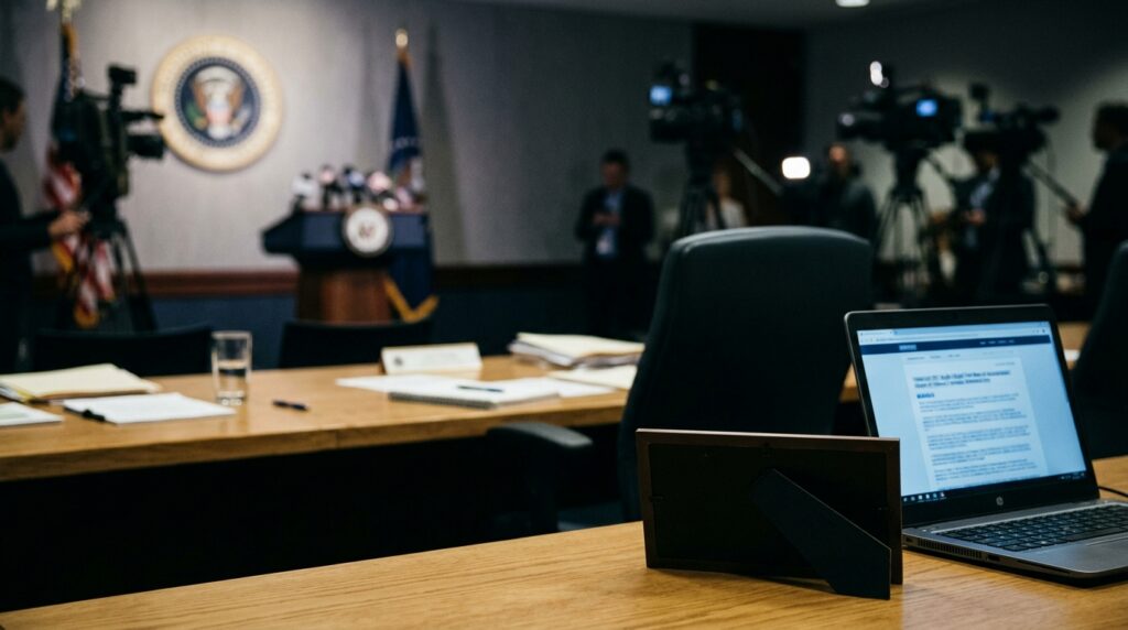 Corporate announcement beside an empty advisory-board chair