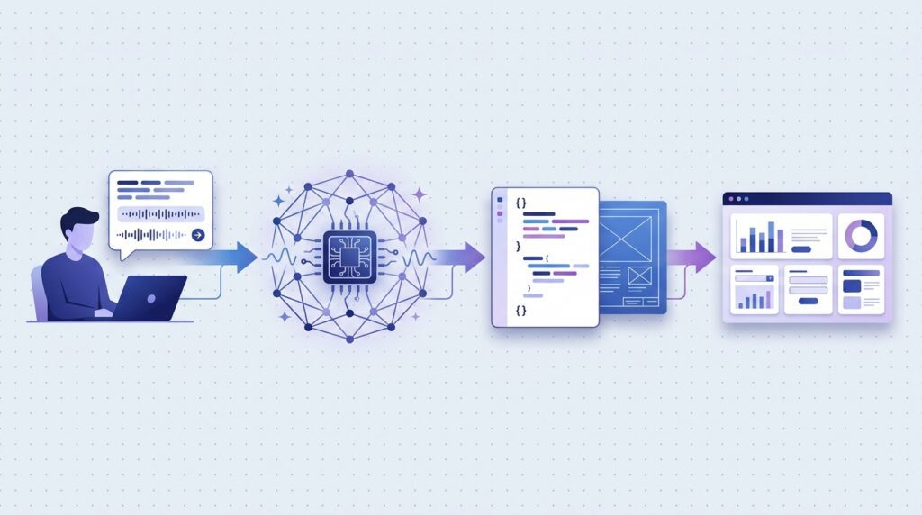Workflow showing an AI model generating structured interface output for a frontend renderer.