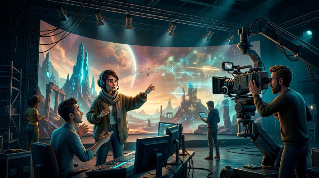3D illustration of a fictional film crew collaborating with AI-assisted production technology