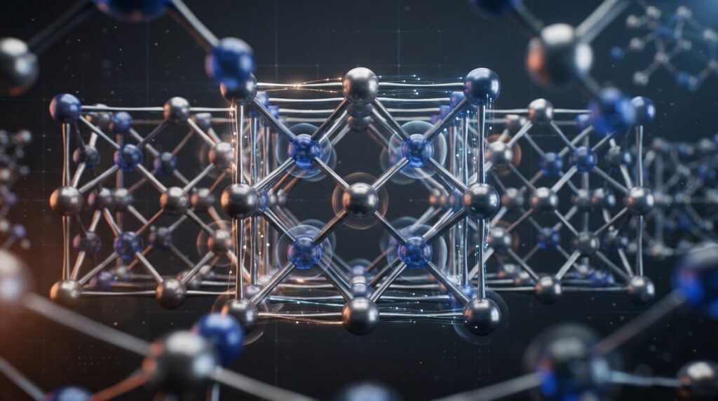 Three-dimensional crystal lattice showing atomic geometry for AI materials science research