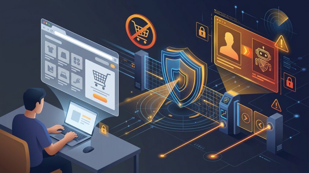 Online shopper encountering an automated security verification barrier during checkout