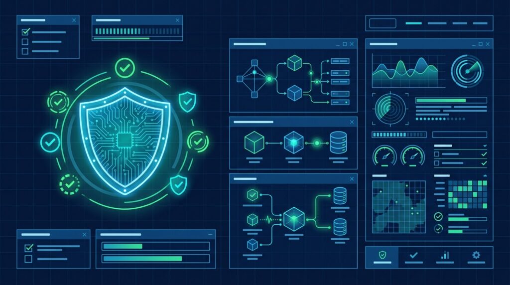 Secure AI application with interface validation and monitoring elements.