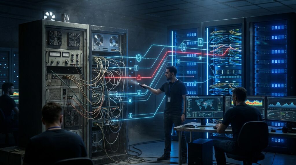 Legacy server and cloud infrastructure being examined during a cybersecurity investigation