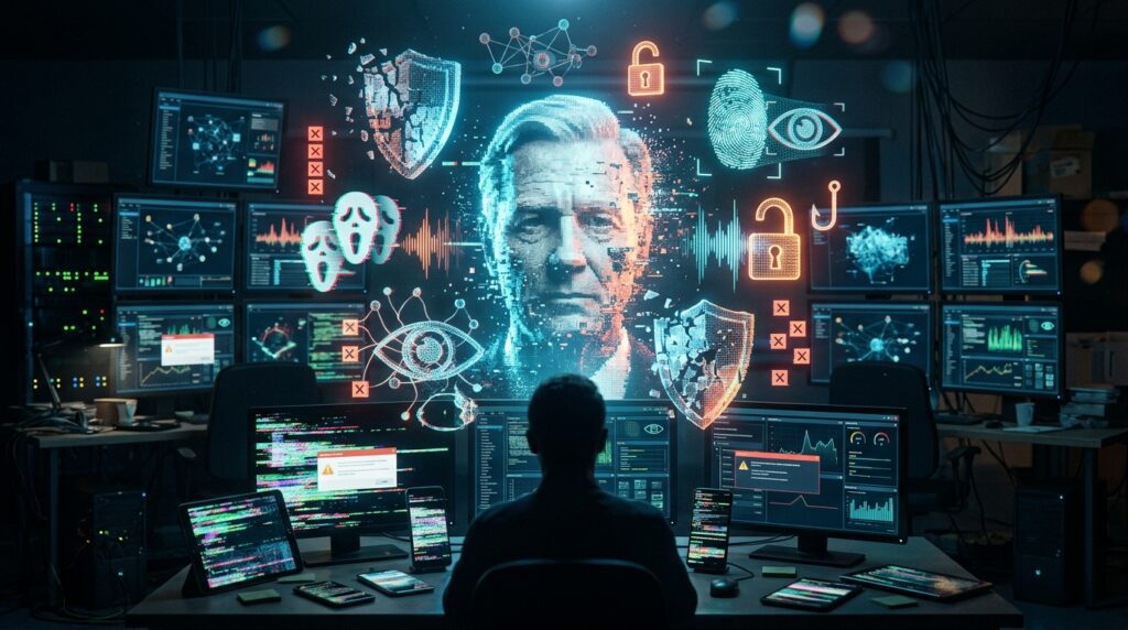 Digital illustration representing privacy violations, impersonation, fraud and reputational harm caused by AI deepfakes.