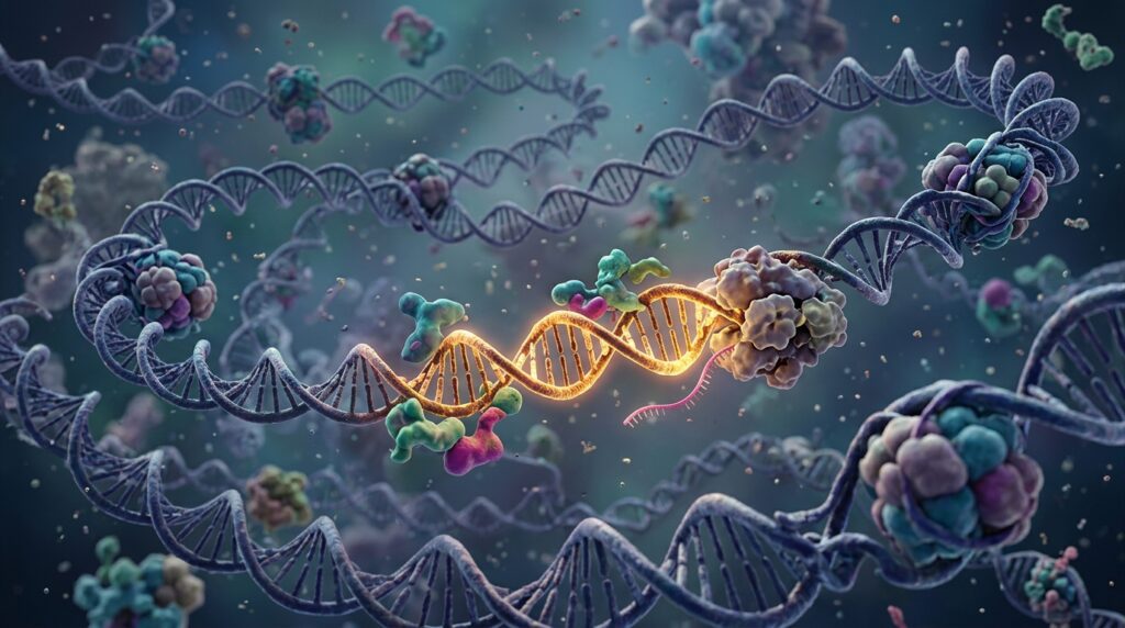 DNA illustration showing protein-coding sequences among broader genomic regions