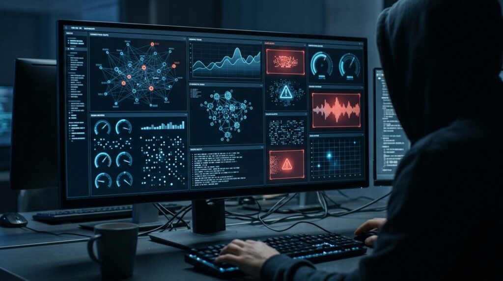 Cybersecurity dashboard monitoring account activity and unusual API usage