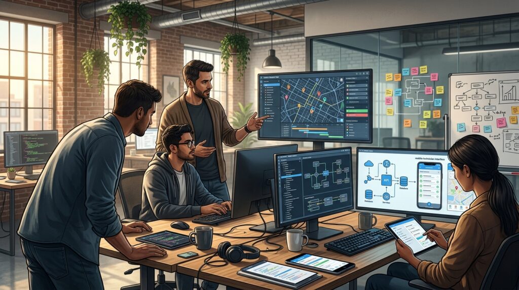 Software development team designing a custom field service scheduling and dispatch platform