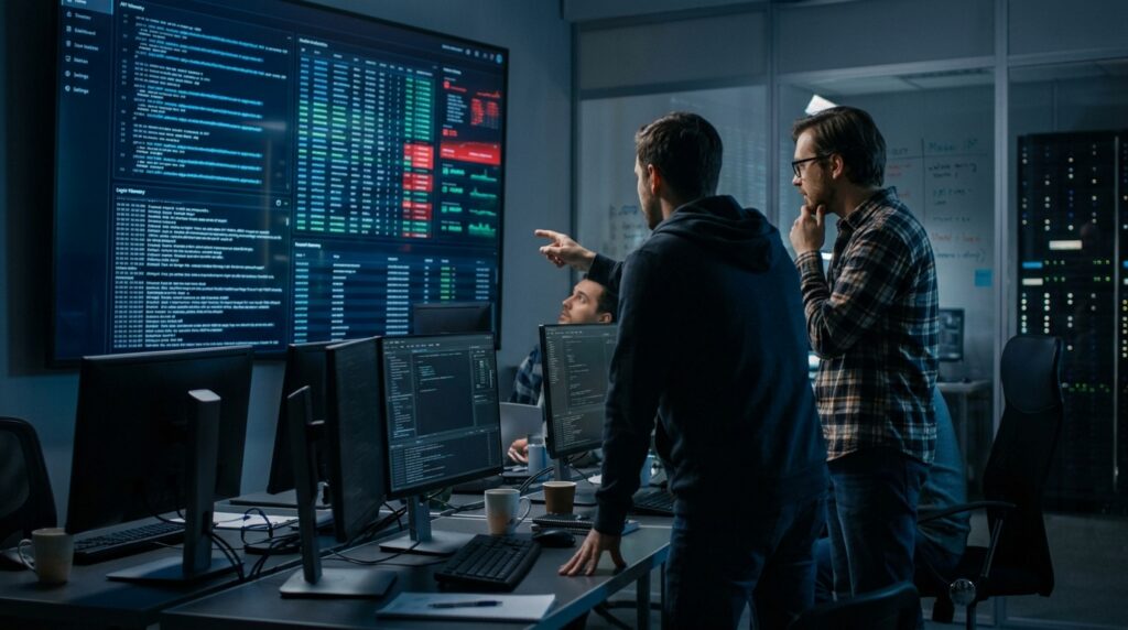 Developers investigating unfamiliar AI model identifiers on an API monitoring screen.