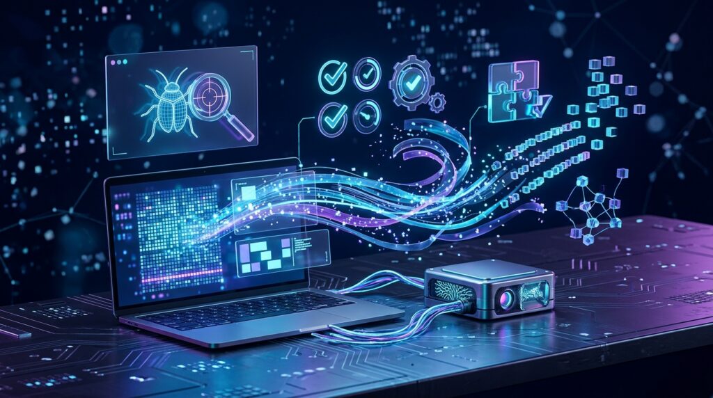 Laptop and computing hardware representing fast AI-assisted coding