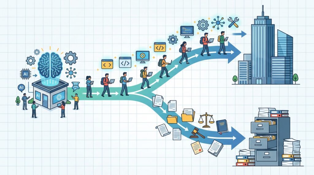 Illustration showing AI employees and technology moving to a larger company while legal