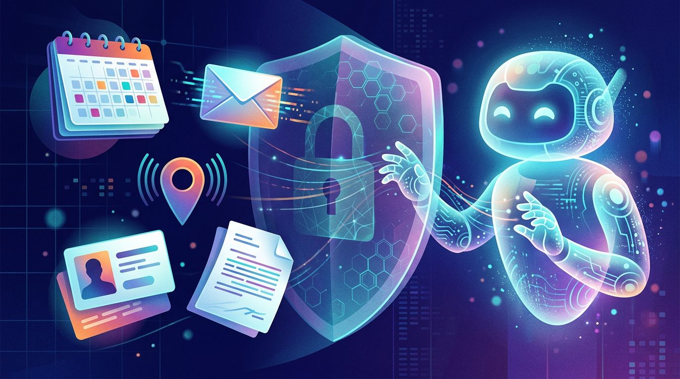 AI agent surrounded by personal information icons and a privacy shield