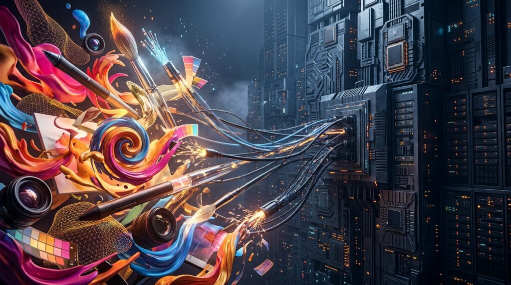 AI art ethics represented by a creative workspace connected to a large artificial intelligence system