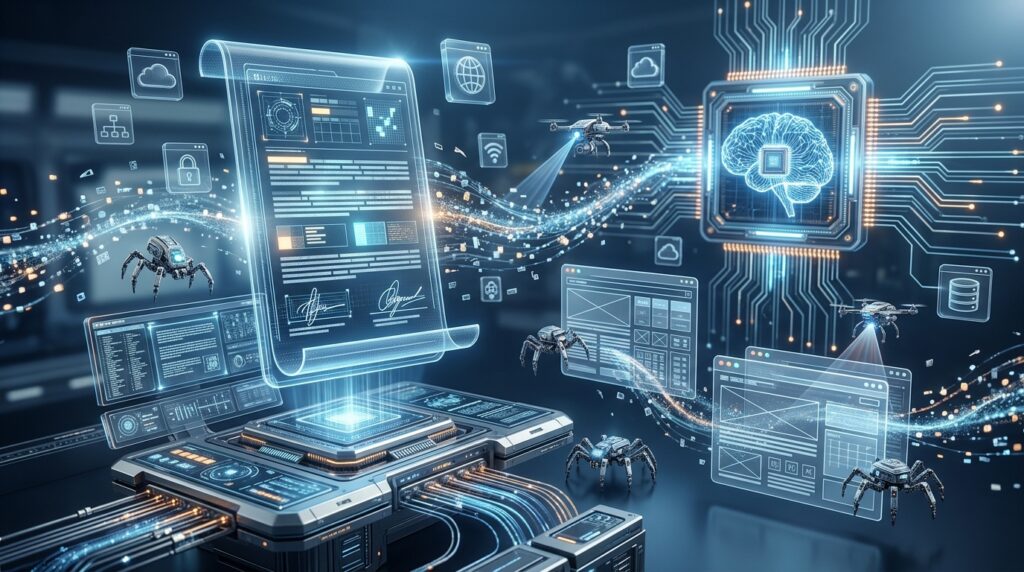 Conceptual 3D illustration of website data being collected under digital platform terms