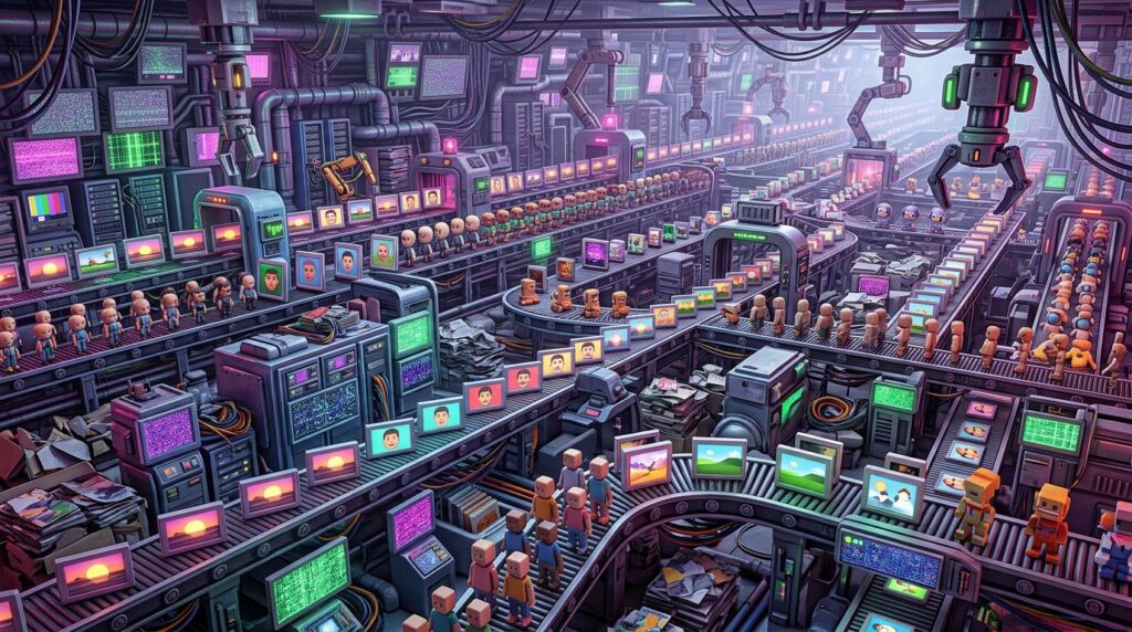 Repetitive AI-generated images representing the growth of AI slop