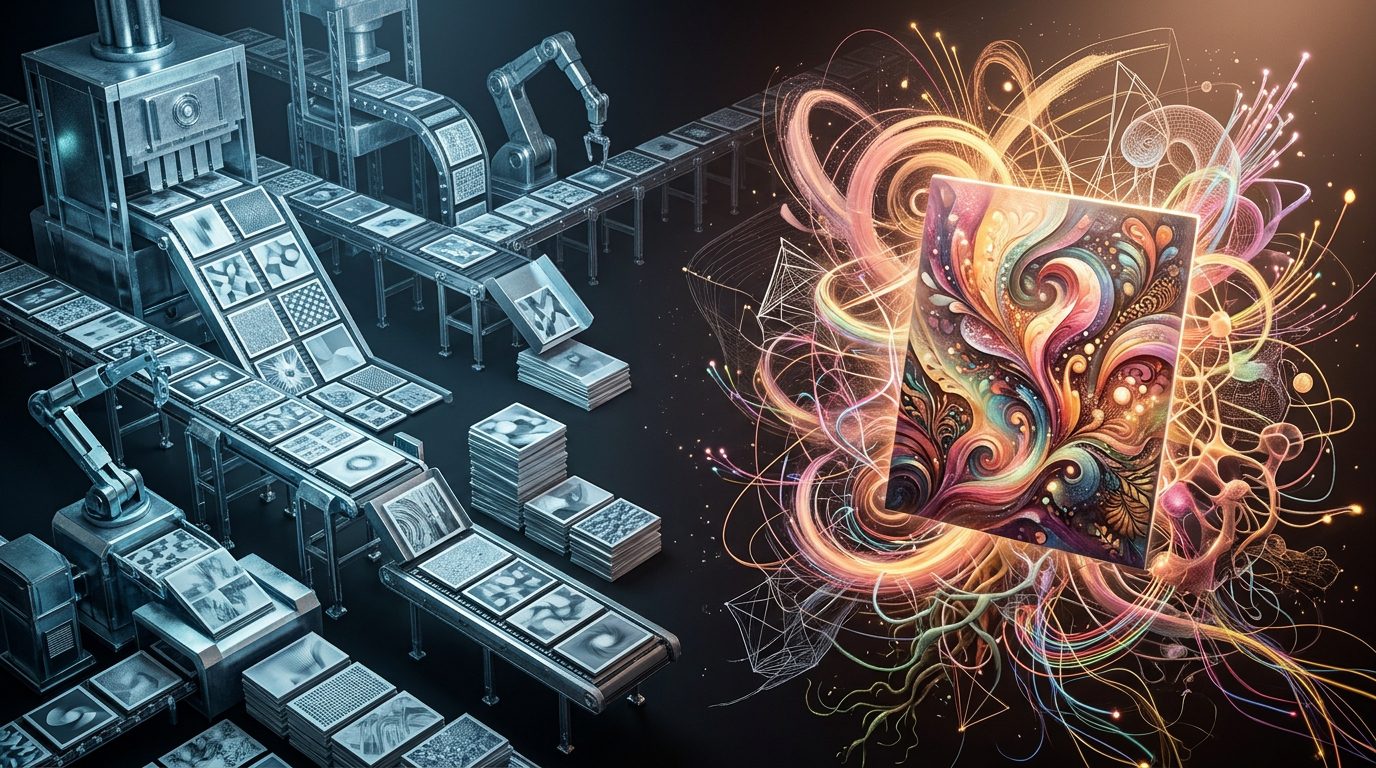 AI art contrasted with repetitive AI-generated digital content