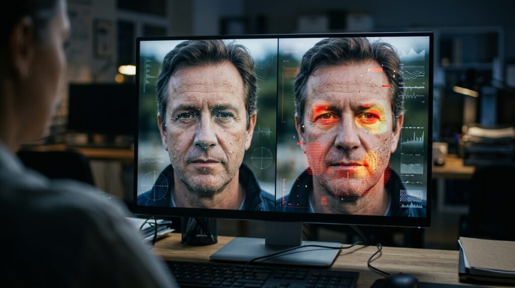 A digital forensics workstation comparing an original portrait with a synthetic AI-manipulated image.