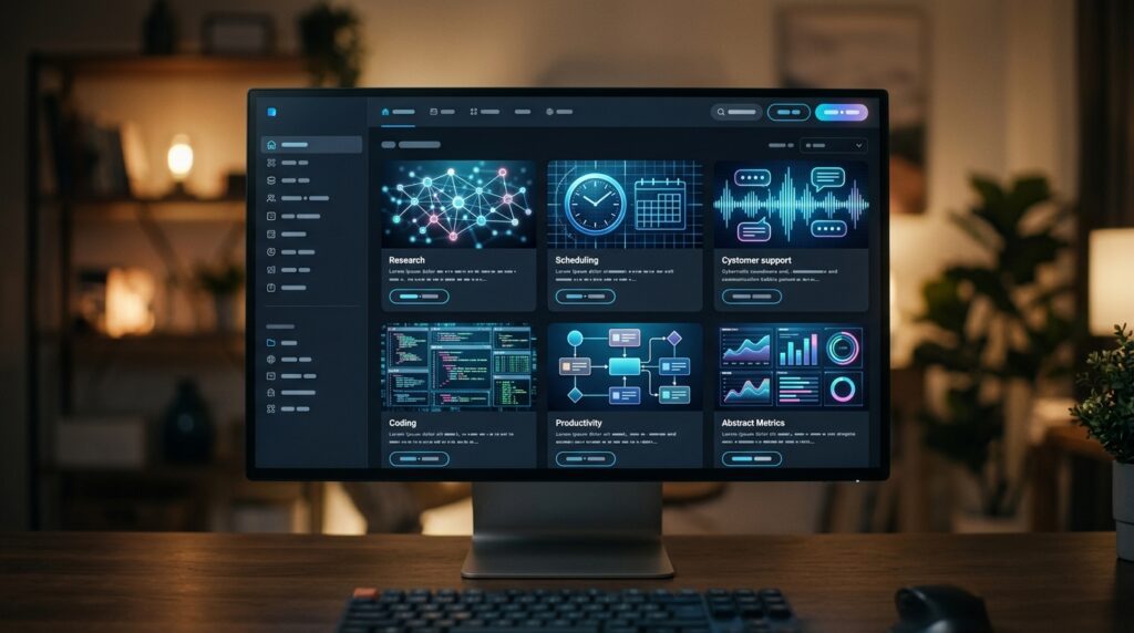 Digital marketplace displaying specialised AI bots for productivity, research, coding and customer support.