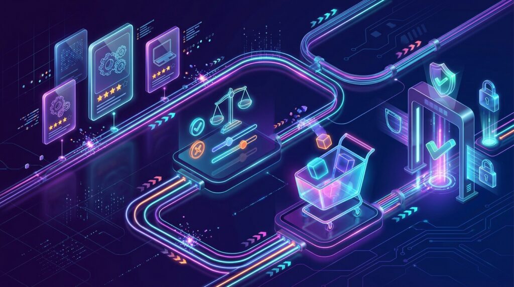 Illustration showing AI assistants comparing products and preparing online purchases