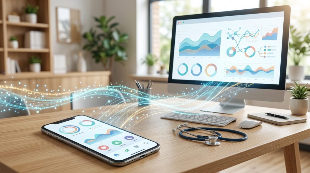 Smartphone and digital wellness dashboard representing possible applications of AI-based stress monitoring.