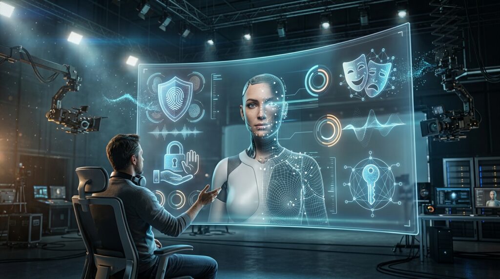 3D illustration of a director reviewing a digital human with abstract identity protection symbols