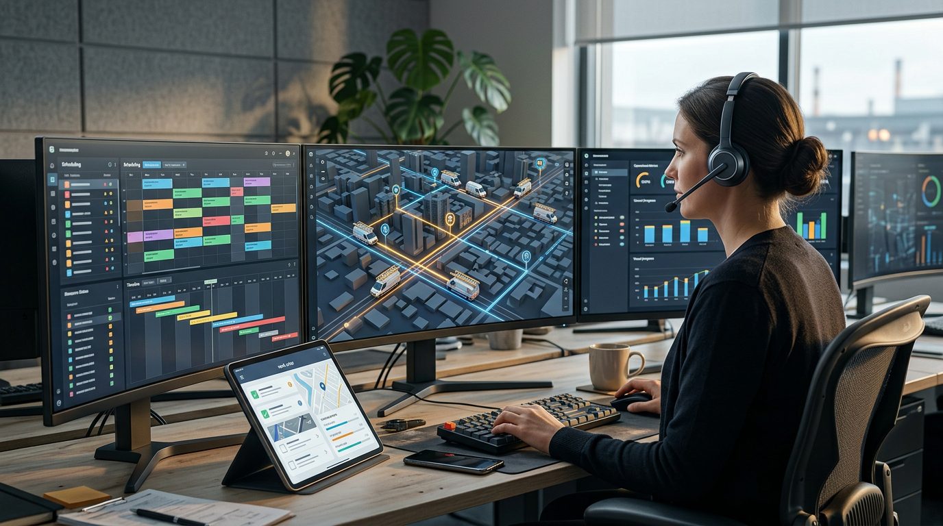 Dispatcher coordinating field technicians using scheduling software and a route map