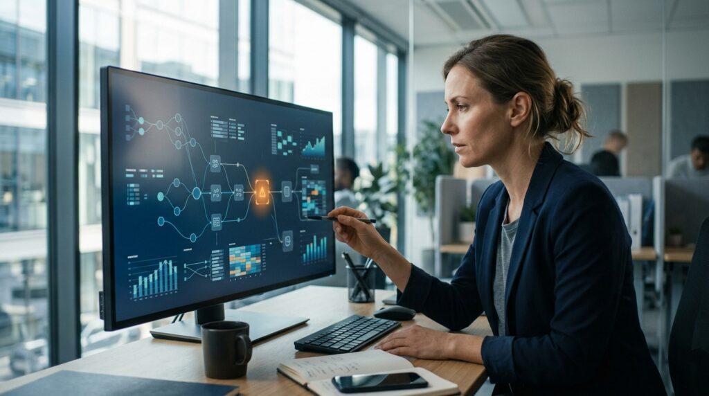 Employee reviewing an automated business process on a computer screen.