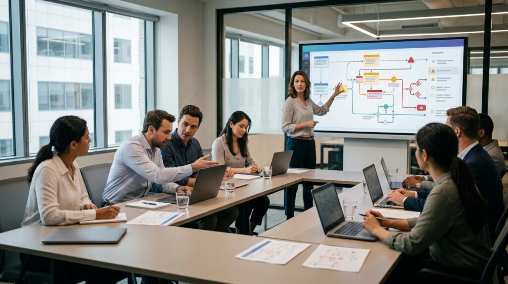 Employees practising how to identify and correct AI errors during a workplace training exercise.