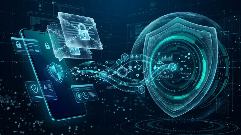 Smartphone behavioural data being analysed by an AI system while private message contents remain protected.