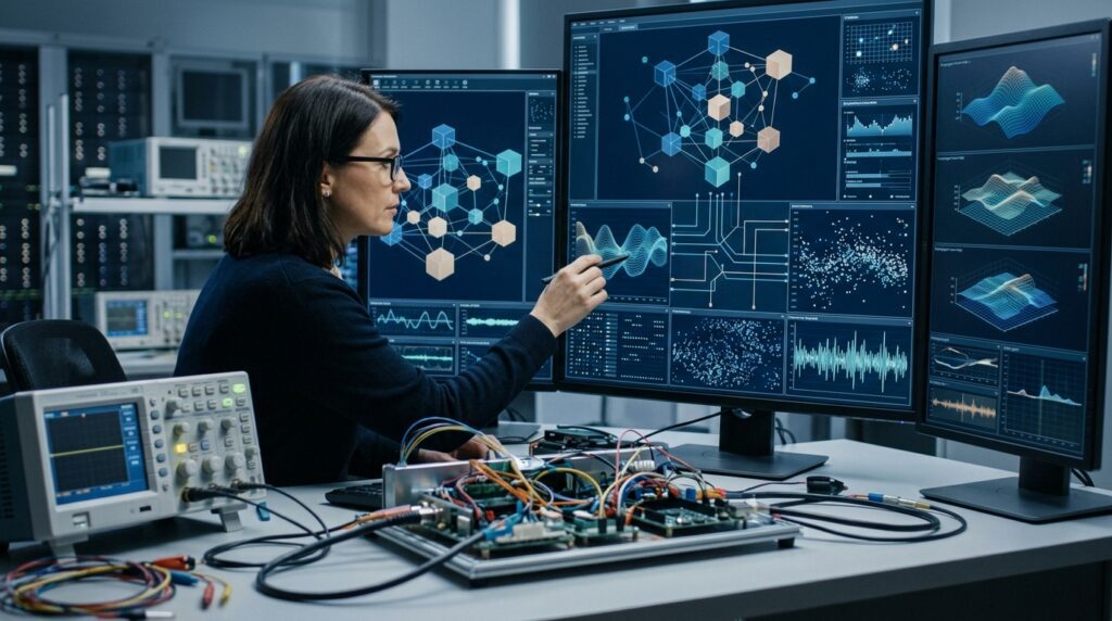 Researcher examining the relationship between an AI communication signal and its underlying sensor data.