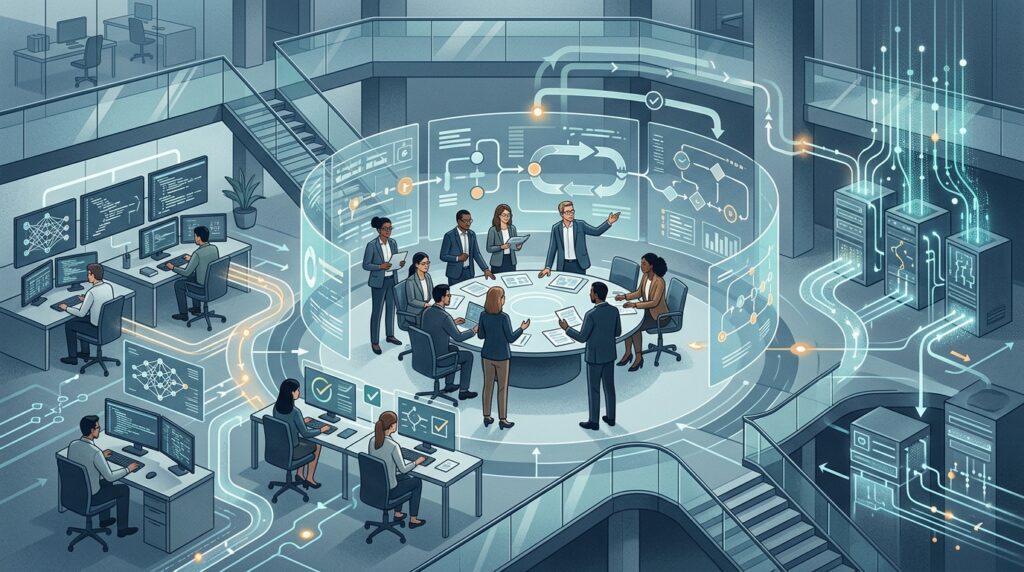 Business and technical teams reviewing AI workflows and human intervention processes.