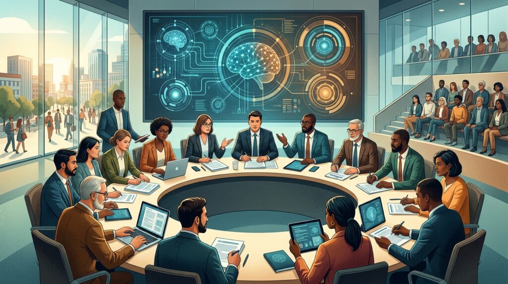 Illustration of policymakers and AI experts discussing safeguards